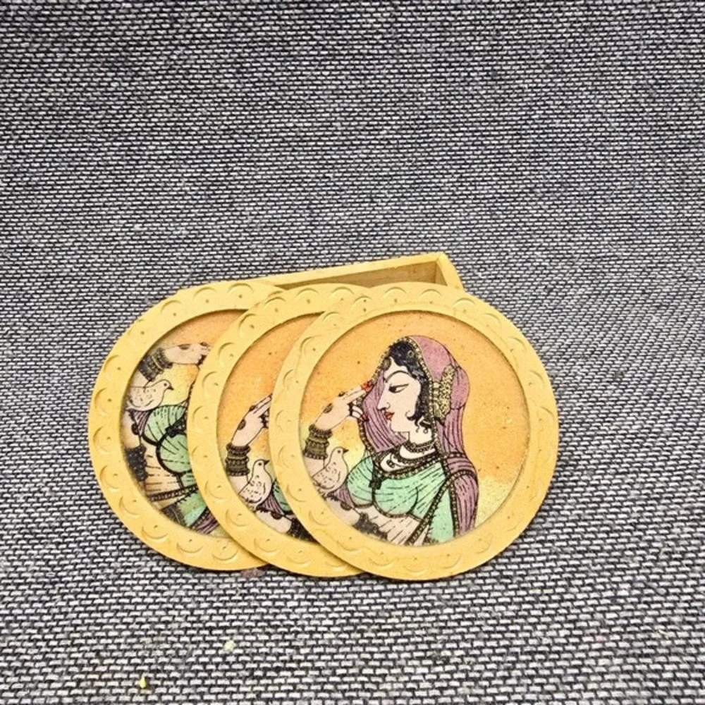 Coaster Set Indian Miniature Art Hand Painted‎ Tan OS Good Ethnic Decor